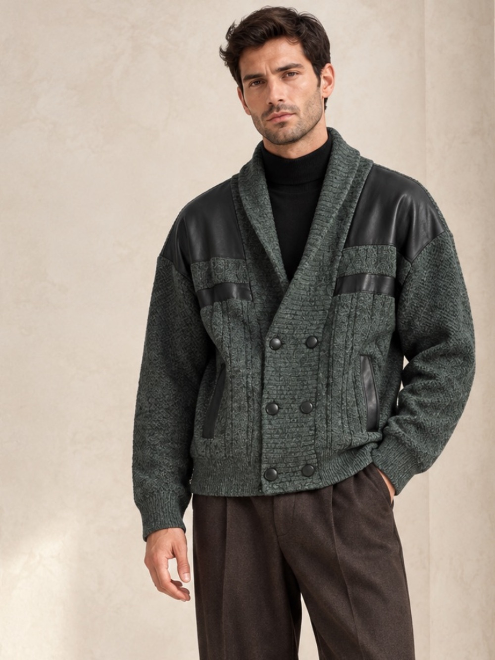 Vintage 80s Men’s Leather Panel Wool Cardigan Double Breasted Sz M JASO